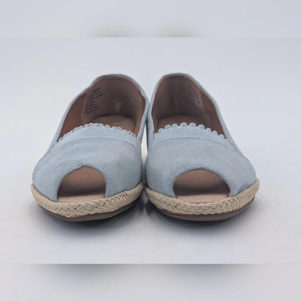 Gentle Souls Lissa Ruffle Sz 7.5 Light Blue Suede Peep-Toe Espadrille Wedges